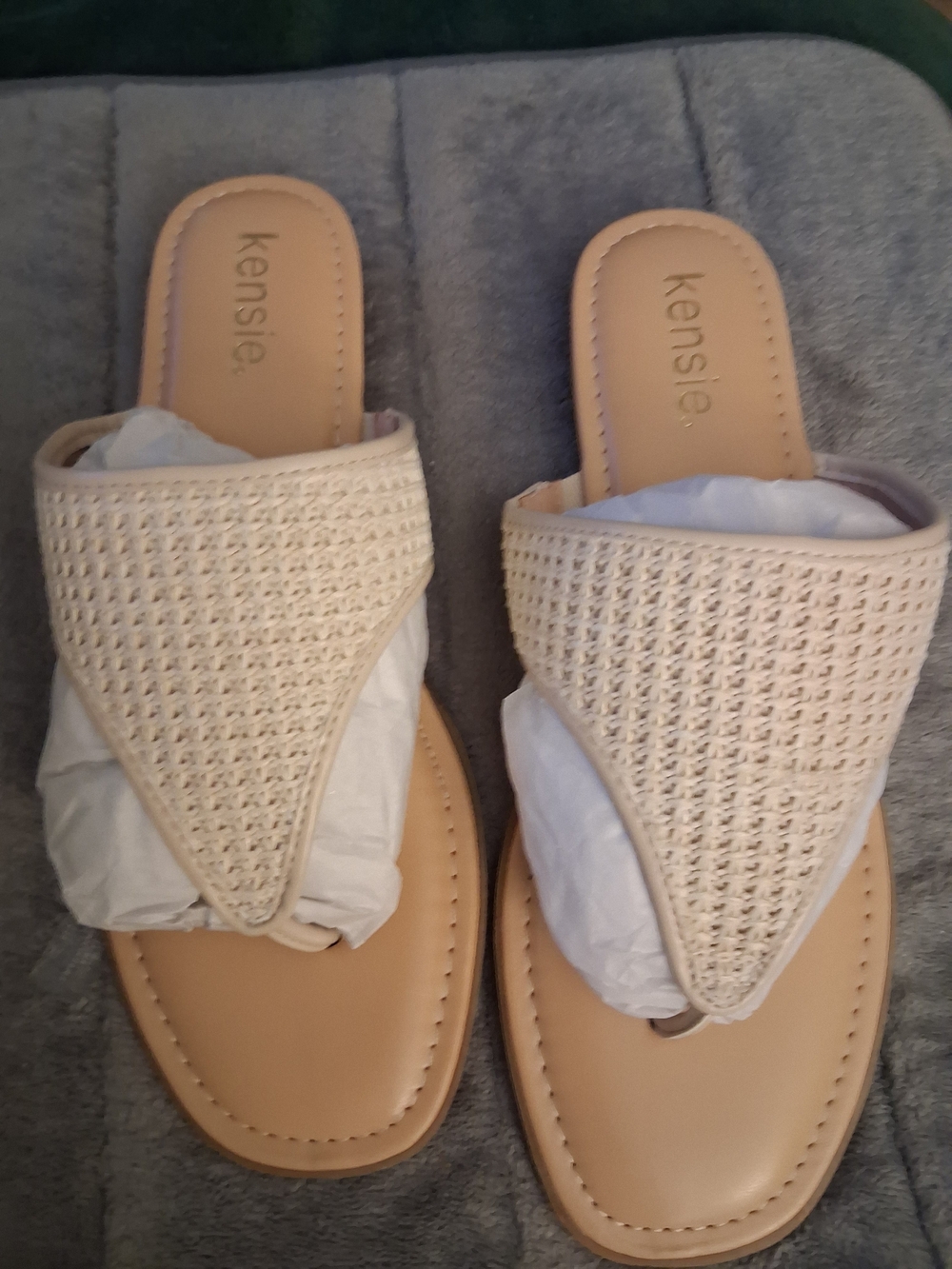 kensie Beige Woven Toe-Post Slide Sandals US Size 10M